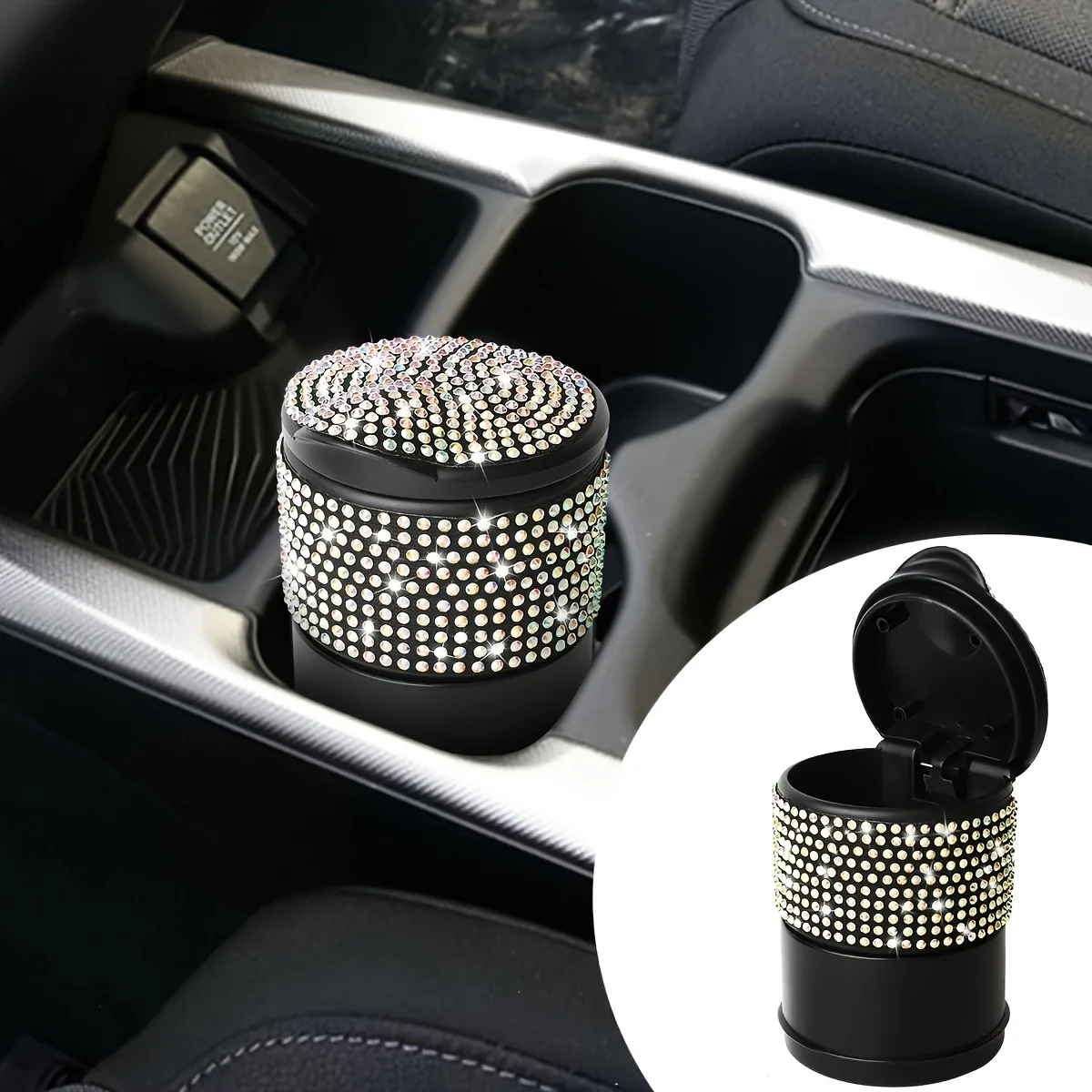 

Sparkling Crystal Car Ashtray with Lid - Portable Odor-Proof Trash Can & Coin Holder