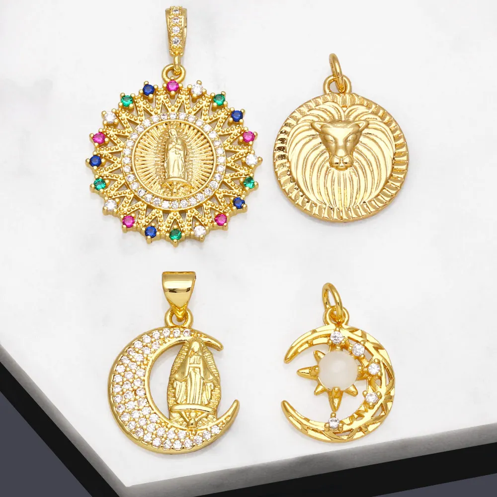 OCESRIO Colorful CZ Virgin Mary Necklace Pendant Copper Genuine Gold Plated Moon Sun Lion Jewelry Making Craft Wholesale pdta846