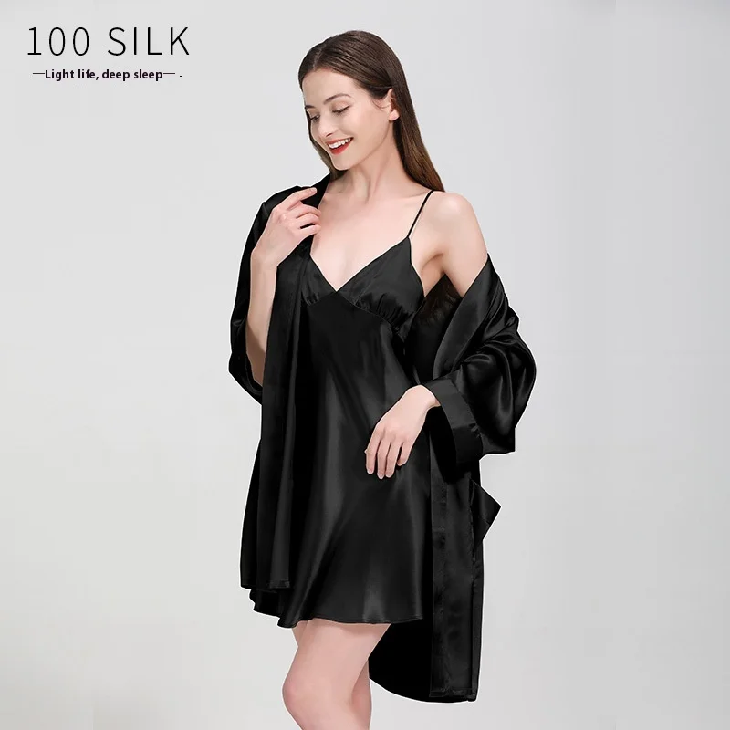 

Solid 100% Real Silk Pajama Set Long Sleeve Robe With Belt V Neck Slip Dress Women's Sleepwear Fashion Robes Sleepwear Dress