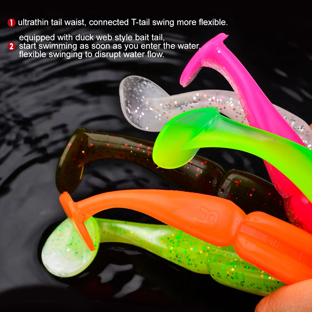 PROBEROS 4 Stück/Beutel T-Schwanz Shad Wurm Weichköder 10cm Kunstköder Swimbait 6 Farben Köder Wobbler Weichköder Silikon Angelköder Sport – Detail 5