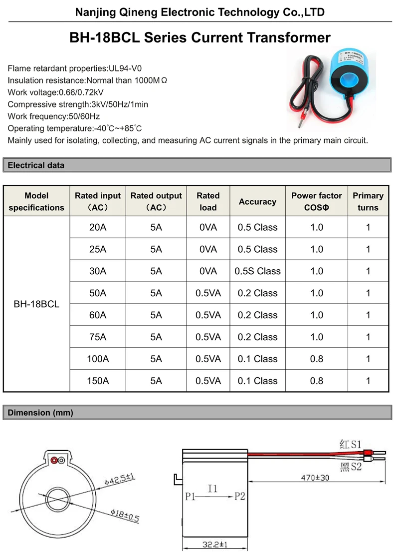 10A 5A Wasserdichter Stromwandler BH-10BCL 20A 30A 50A 75A 100/5 AC DIN-Schienen-Stromwandler 3-Phasen-CT-Sensor – Detail 4