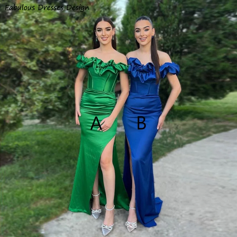 Royal Blue Mermaid Long Bridesmaid Dresses Puff Off Shoulder With Side Slit Wedding Guests Party Dress For Women Prom Gowns