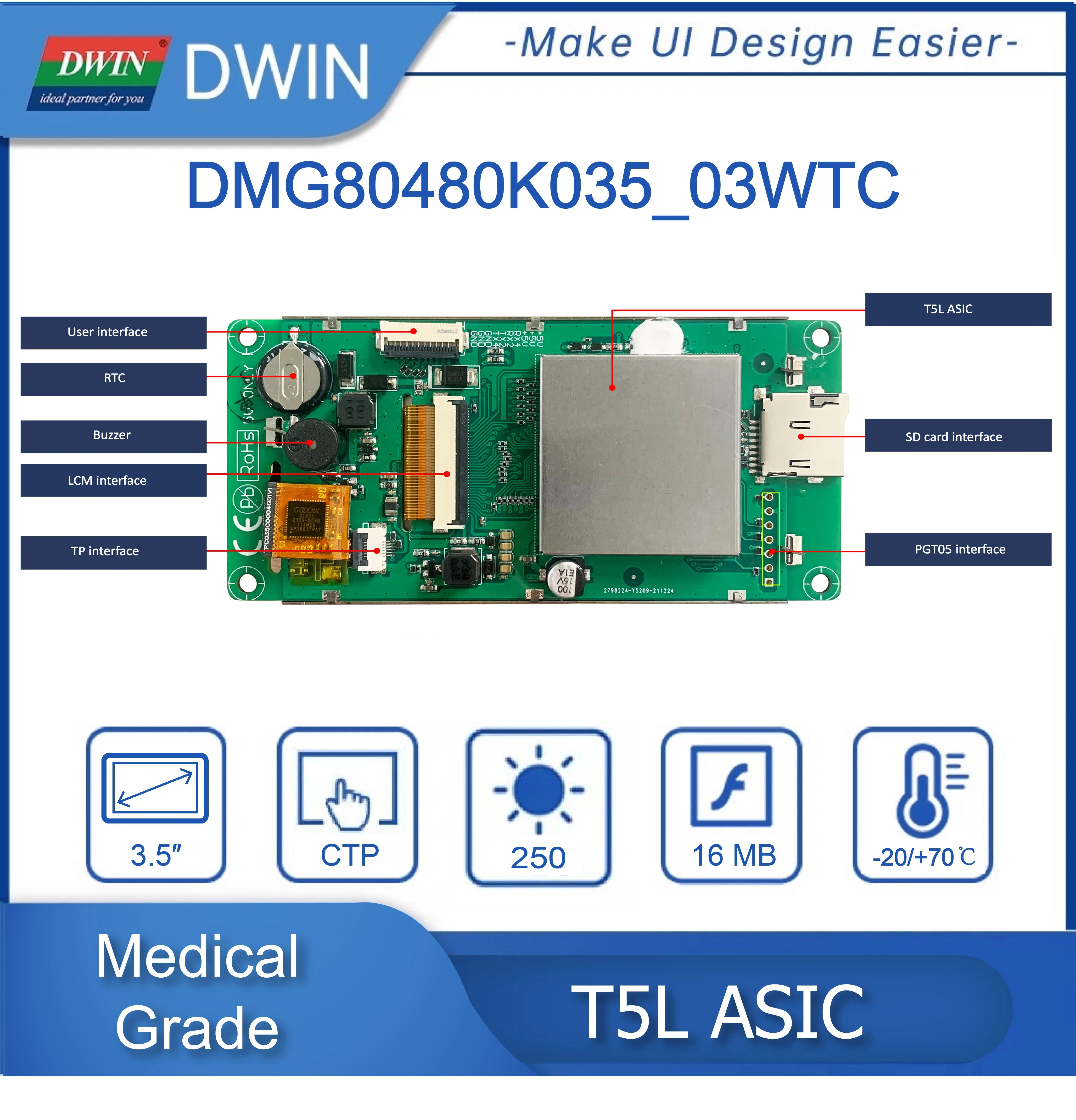 DWIN 3.5 Inch 480*800 Pixels Resolution 262K Colors, IPS-TFT-LCD Wide Viewing Angle DMG80480K035_03W