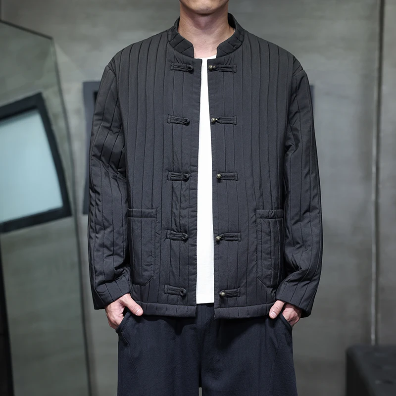 

New Chinese Sle Men's Autumn Winter Striped Long Sve Jaet Retro Copper Button Large Size Zhongan Coat Youth Faion