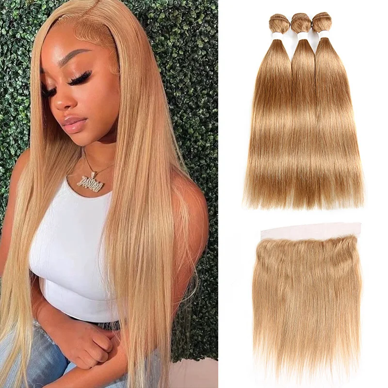 

Honey Blonde Color 3/4PCS Brazilian Straight Bundles With Frontal 13x4 SOKU Brown Human Hair Weave Bundles Remy Hair Extension