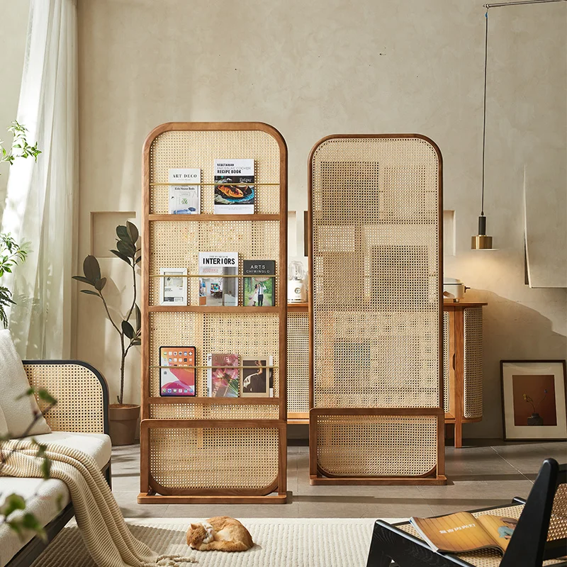 Rattan screen removable household simple art solid wood shelf