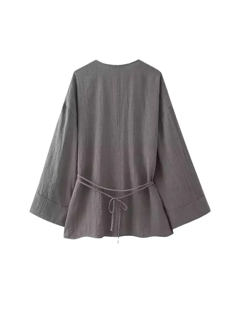 Women\'s Textured Crossover Kimono Blouses, Side Ties, Long Sleeves, Loose, Female Shirts, Chic Tops, Fashion