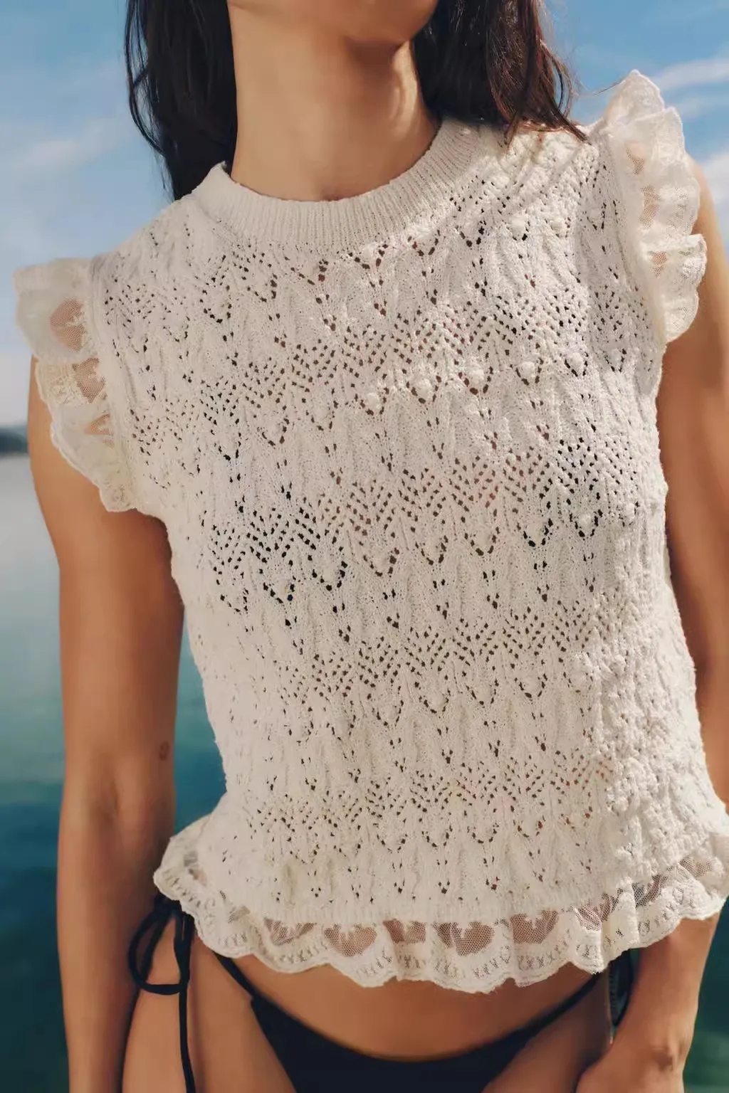 

Romantic Sle Lace Trim Multi Layered White ort Knitted Vest Hollow out Svel New Arrival Women's Faion Summer 2024