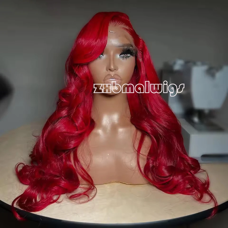 

ZXBMALWIGS Синтетические волосы 13x4 Парик фронта шнурка Красный цвет Свободные волнистые парики Бесклеевое термостойкое волокно Парик шнурка Косплей Волокно
