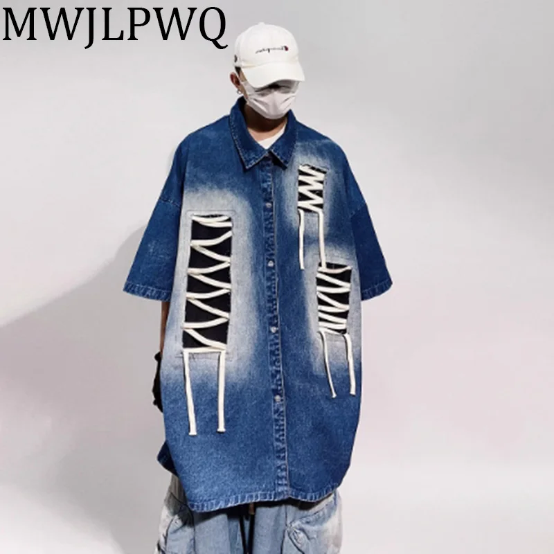 

MWJLPWQ Hiphop Denim Short Sleeve Shirts Men's High Street Vintage Single Breasted Lace Up Washed Oversized Casual Tops 010684