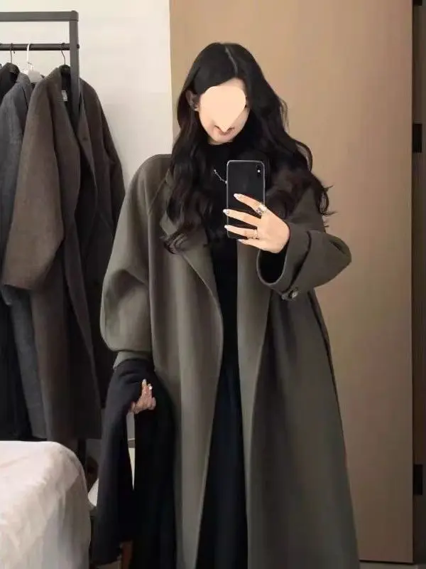 Oversize Mid-Length Woolen Coat Women's Autumn Winter Loose Fitting Meat Covering Student Tweed Jacket Windbreaker