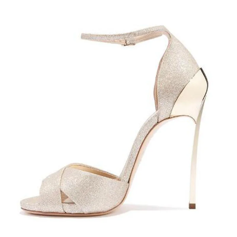 

Summer Gold White Nude Glitter Leather Cross Strap Metal Thin Heels Cover Heel Sandals Women Bride Wedding Shoes Size 46