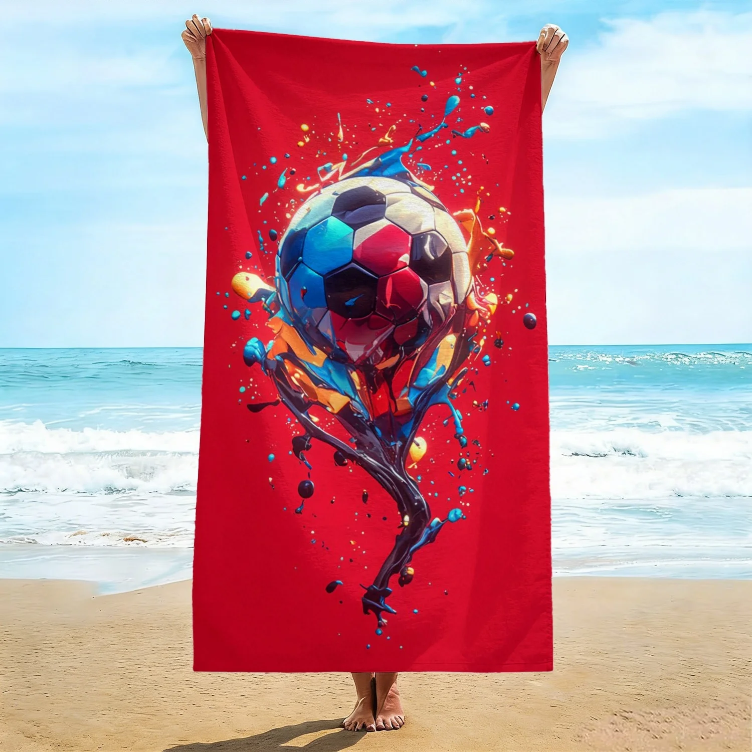 Dynamic Sports Beach Towel, Red Background Paint Splash Soccer Ball Print Bath Towel, Stylish Soccer Fan Beach Blanket