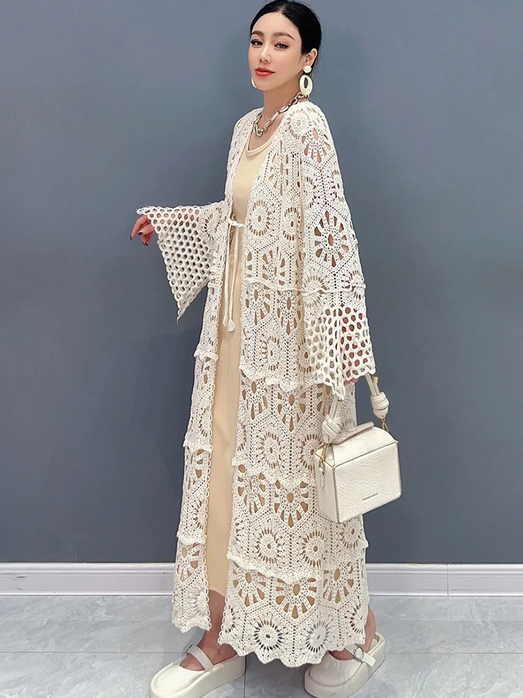 SHENGPALAE 2024 Summer New Women\'s Long Lace Coat With Lace Hooks Hollow Fashionable Elegant Loose Versatile Overcoat 5R9897