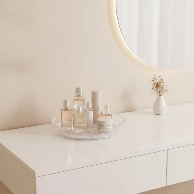Clear Plastic Rotating Storage Tray 360 Degree Smooth Rotation Anti Fall Guardrail For Kitchen Bathroom Cosmetic Use