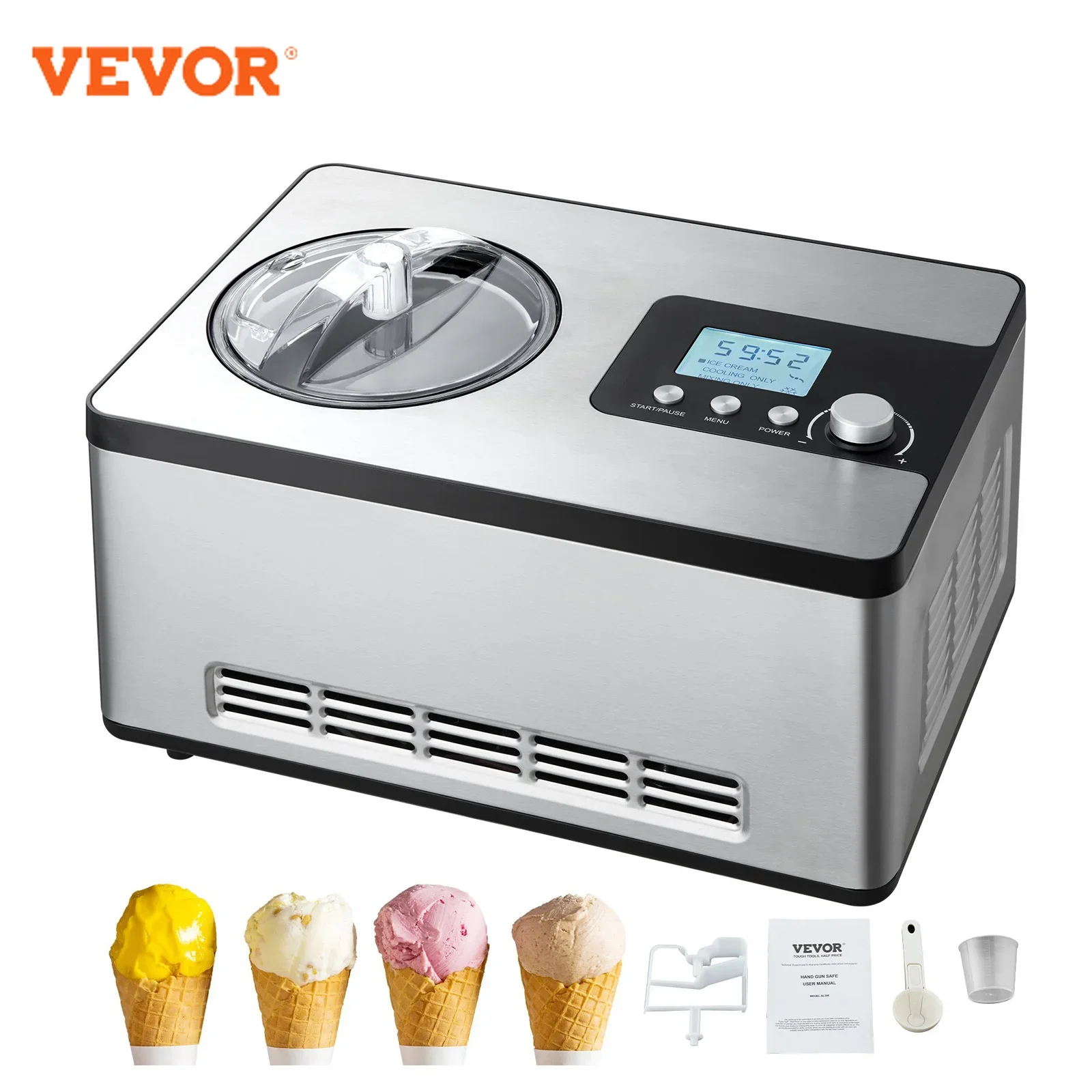 VEVOR Automatic Ice Cream Maker with Built-in Compressor 2 Quart No Pre-freezing Fruit Yogurt Machine Electric Sorbet Maker