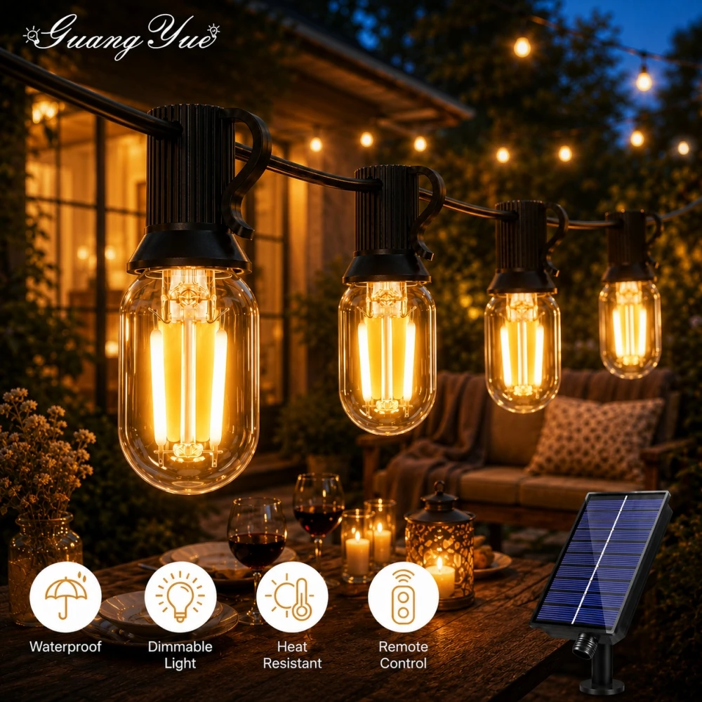T22 Solar Outdoor LED String Lights E12 24V 2700K Warm White IP44 Waterproof Dimmable Heat Resistant Patio Garden Decor Lighting