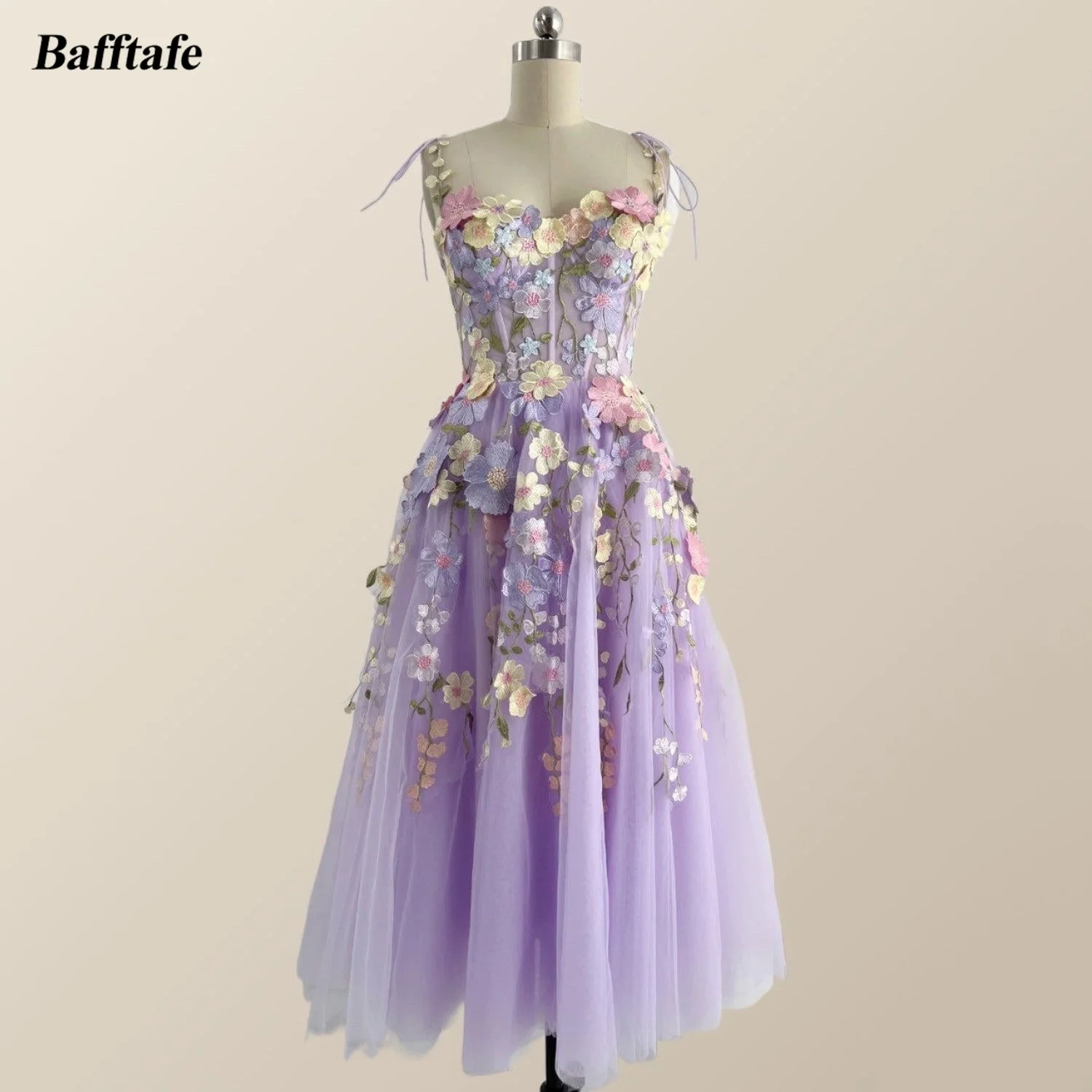 Bafftafe lavanda floral curto vestidos de baile espartilho cabido ossos bordados cintas vestidos de festa formal ocasião vestidos personalizados