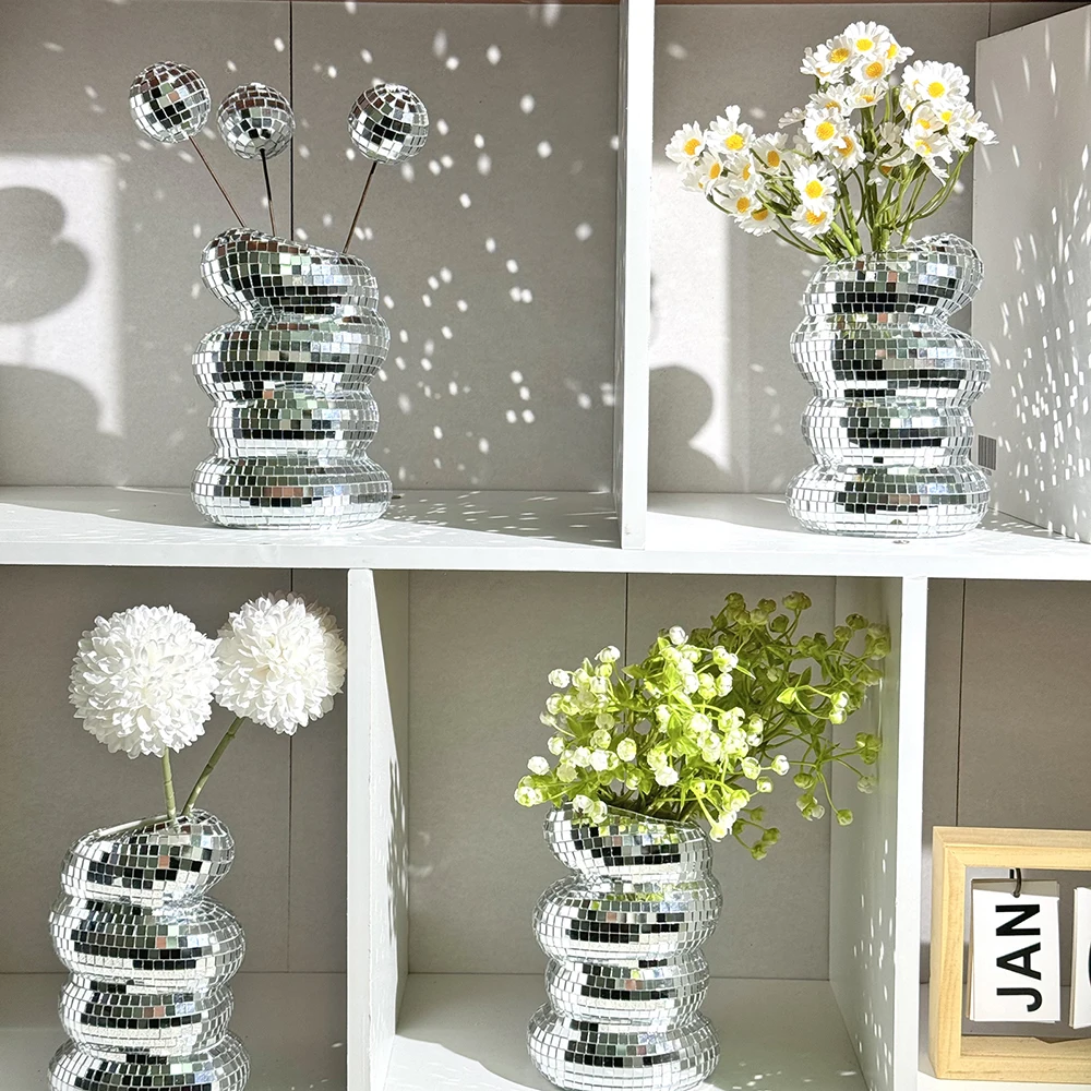 Disco Ball Spiral Vase Unique Glass Tiles Flower Bottle Disco Ball Planter Silver Mirror Vase Home Living Room Office Decor