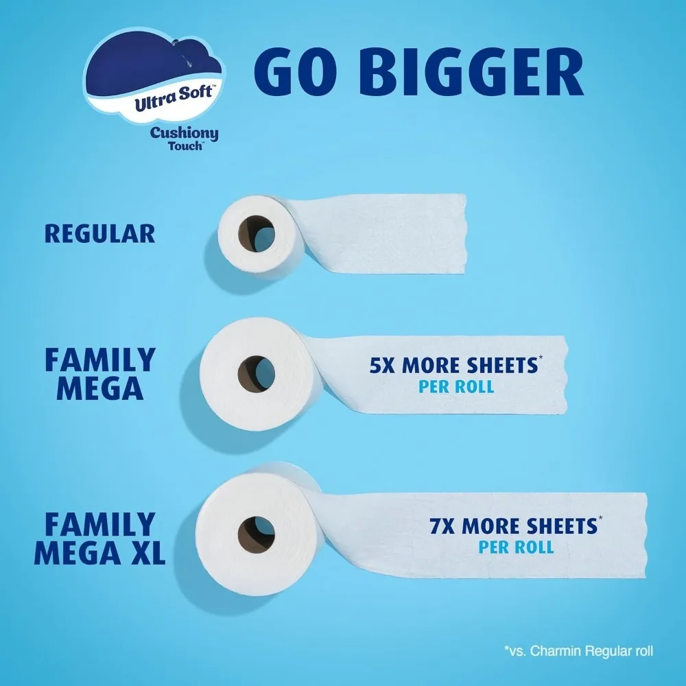 ورق تواليت فائق النعومة يعمل باللمس، 18 لفة ميجا عائلية = 90 لفة عادية