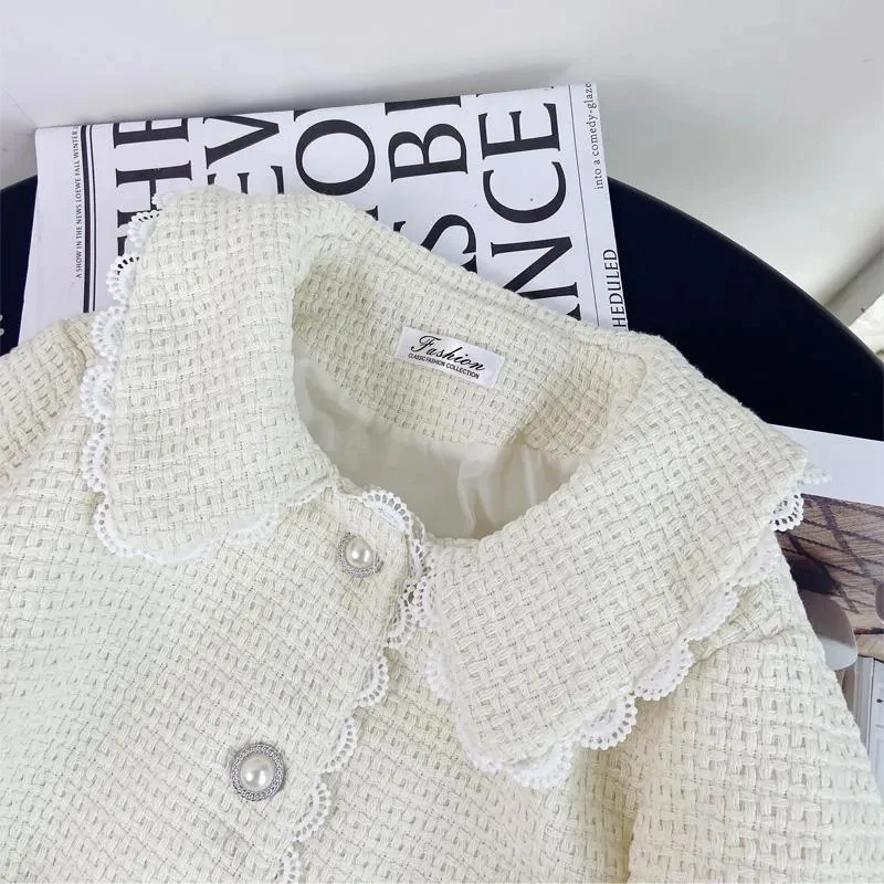 French Fashion Coast Women Spring Autumn Elegant Lace Patchwork Plaid Jacket Female Chic Button Long Sleeve Peter Pan Collar Top