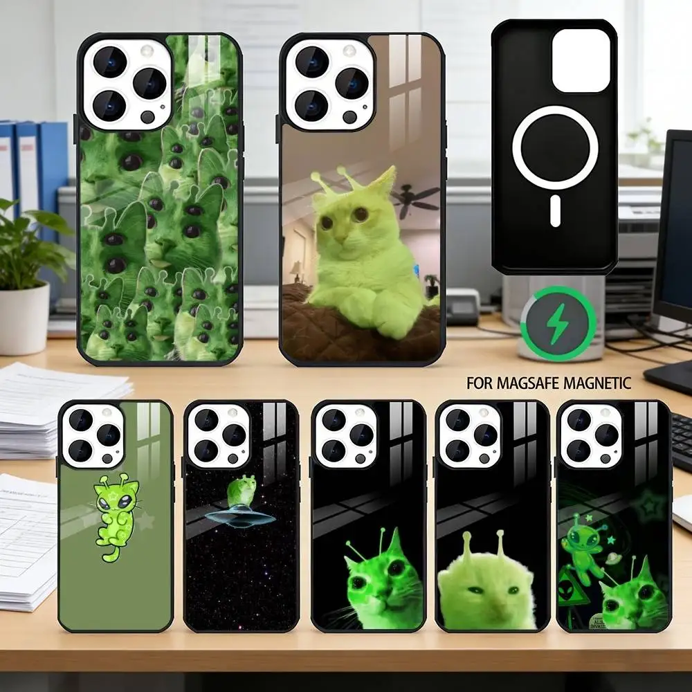 

A-alien cat Green Phone Case For iPhone17,16,15,14,13,12,11 Plus,Pro Magnetic with Magsafe Wireless Charging