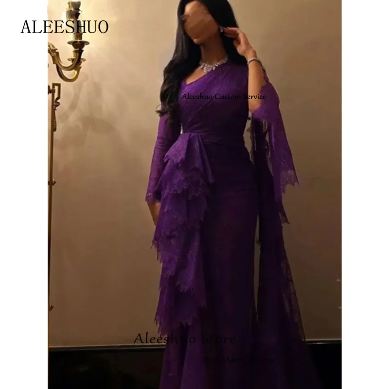 Aleeshuo-vestido de fiesta púrpura clásico para mujer, Vestidos de Noche de manga larga, vestido de ilusión de encaje, vestidos de sirena elegantes, baile de graduación