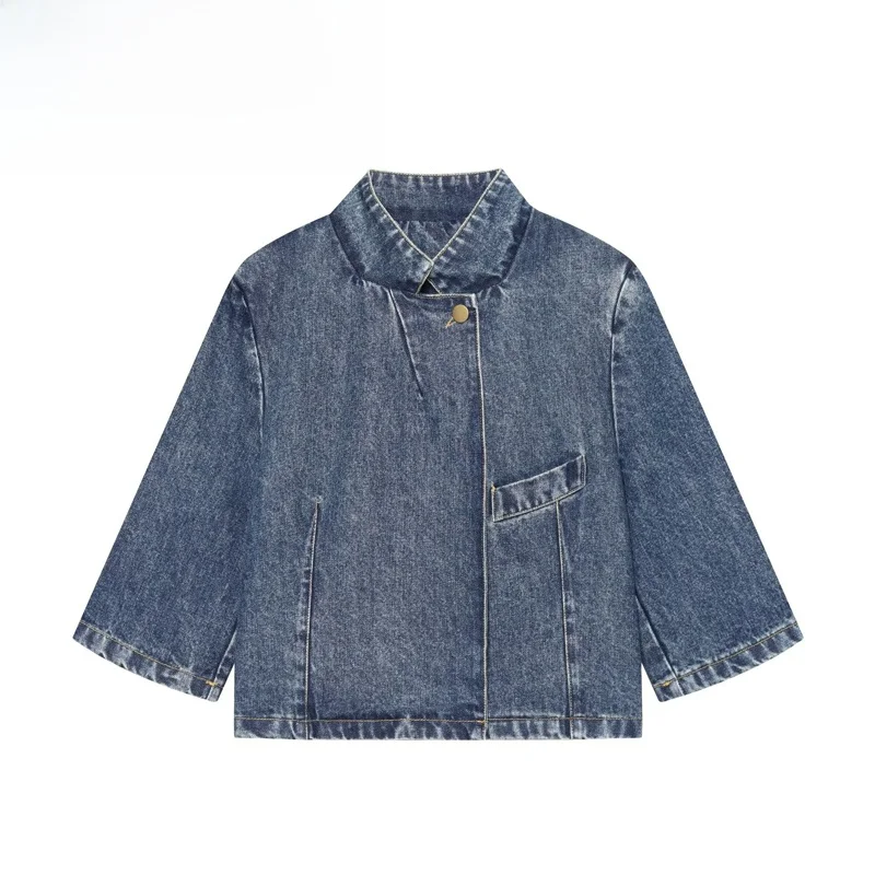 Casual Style Stand Collar Short Jeans Jacket Versatile Quality New Women's Fashion Outerwear Polyester Fiber Button Closure