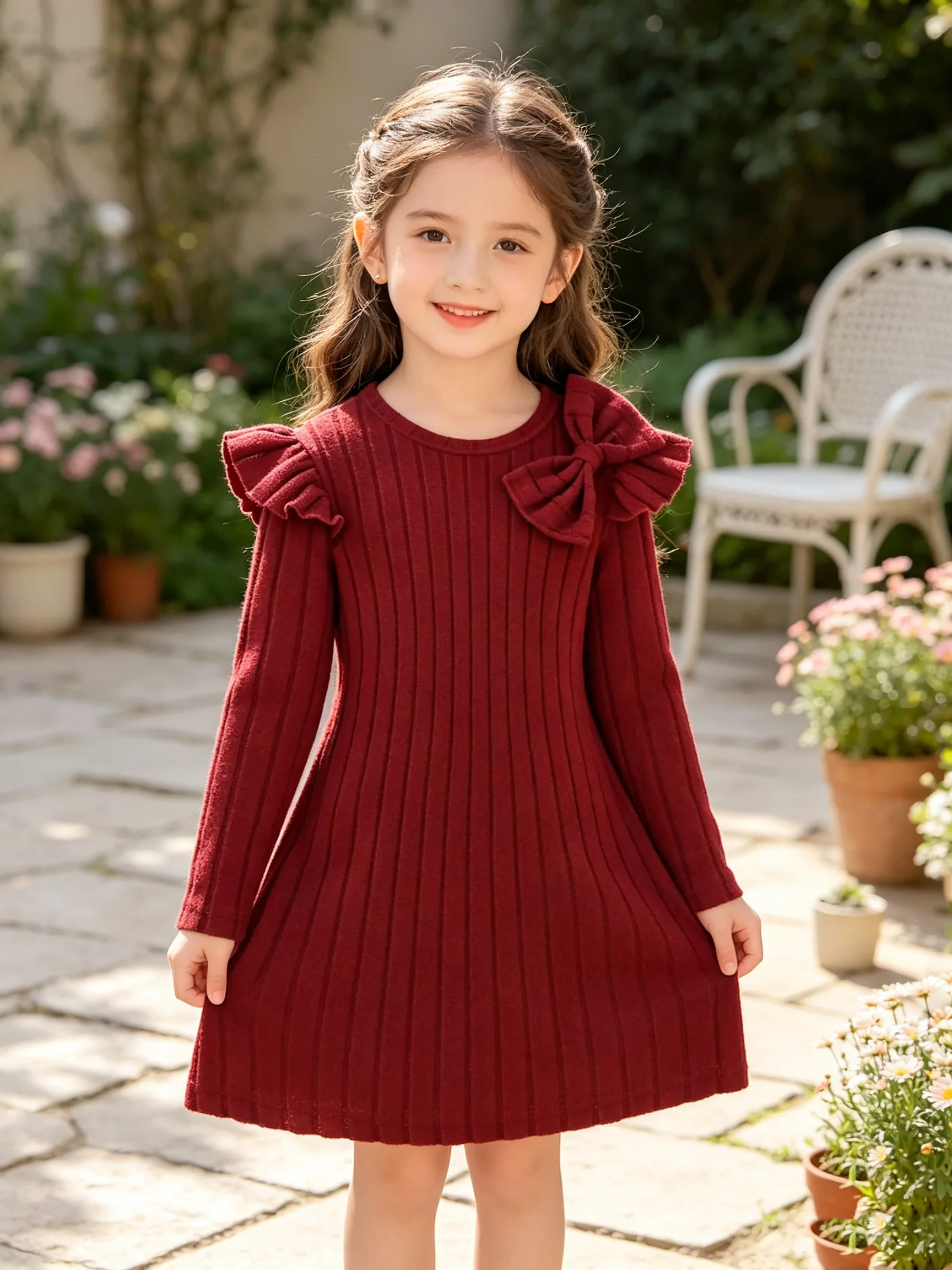 Children's casual and elegant ribbed lotus leaf sleeves, round neck bow, waist cinched long sleeved dress, mid length skirt