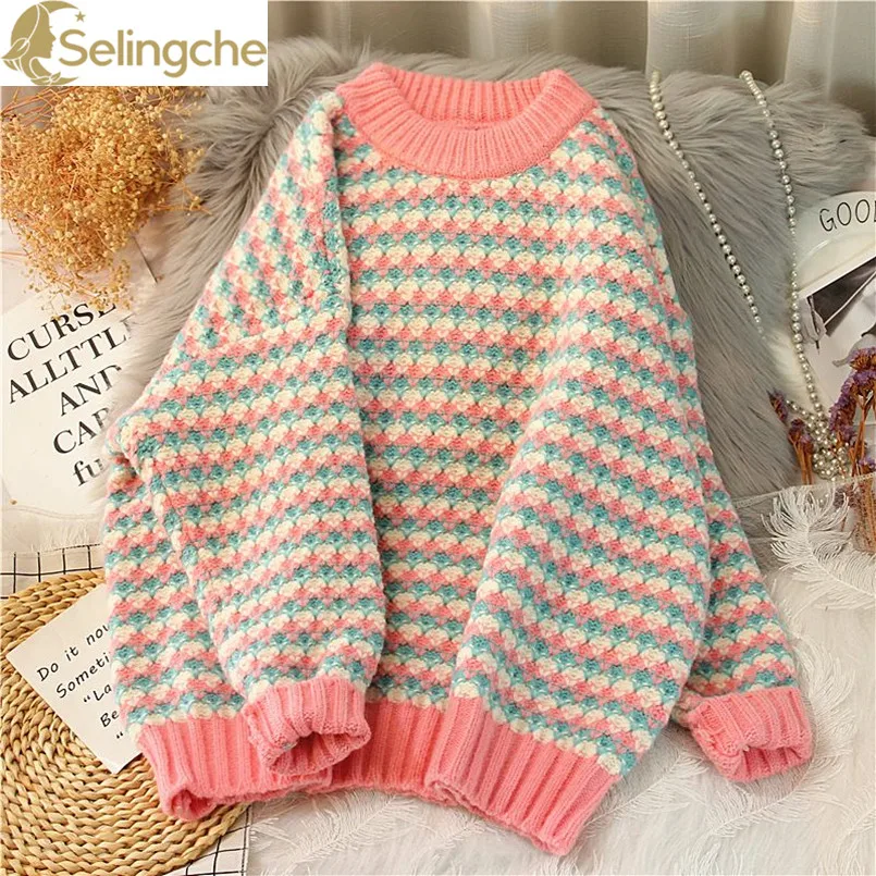 

Soft Textured Checkered Coarse Yarn Sweater for Women's Autumn and Winter Korean Version Loose Fitting Pullover Knitted Sweater