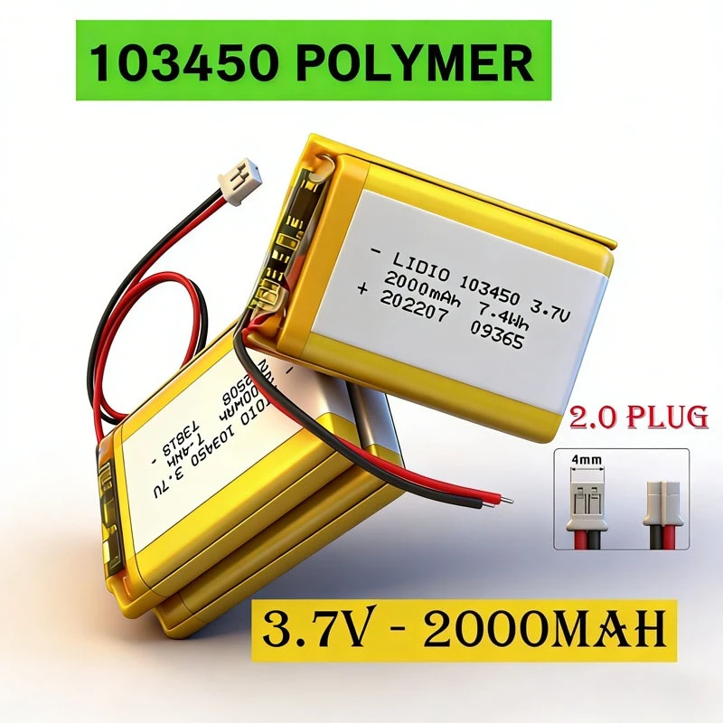 

103450 3.7V 2000mAh Polymer Lithium Rechargeable Battery Jst PH 2.0mm 2pin Plug for Camera GPS Navigator MP5 Headset