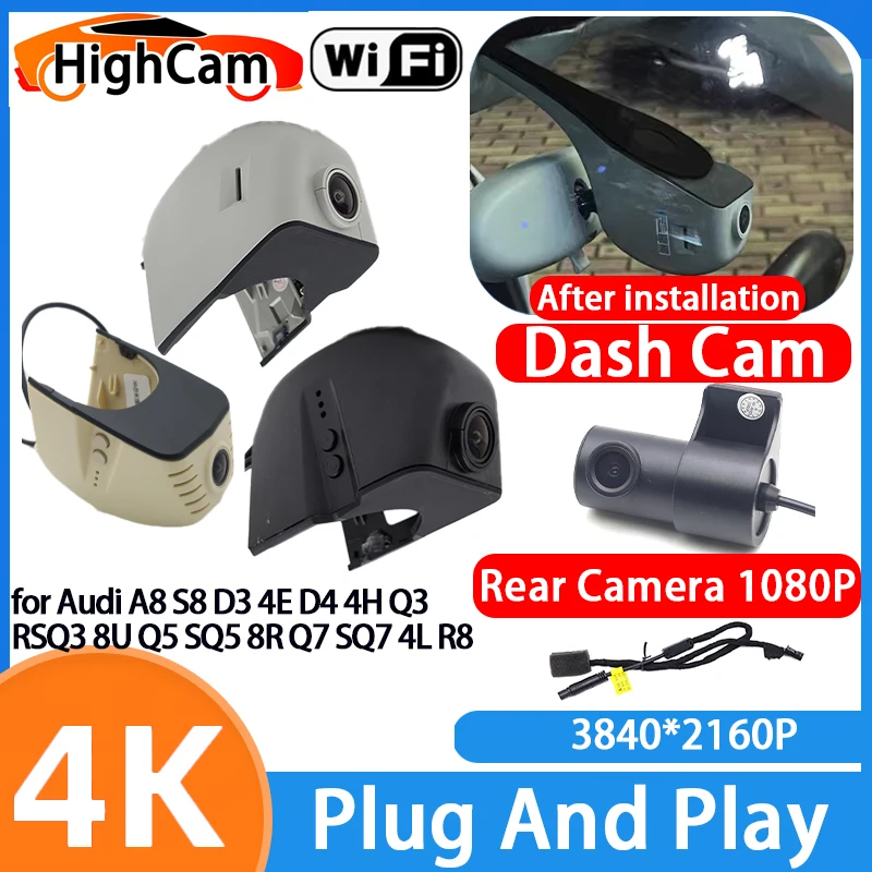 HighCam für Audi A8 S8 D3 4E D4 4H Q3 RSQ3 8U Q5 SQ5 8R Q7 SQ7 4L R8 4K 2160P WLAN DVR Videorekorder Dashcam Front- und Heckkamera