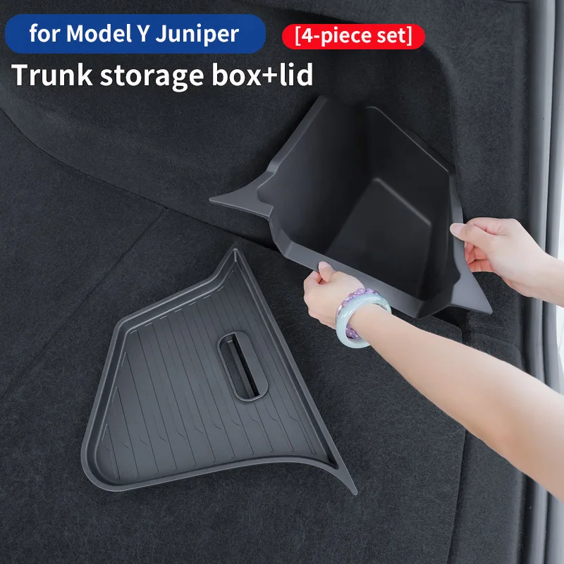 

For Tesla Model Y Juniper trunk storage box, storage boxes on the left and right sides of the trunk, with lid, 4-piece set