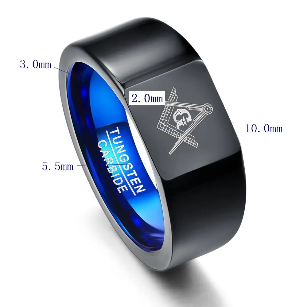 JQUEEN 10mm Retro Style Tungsten Carbide Rings Big Head Vacuum Plating Black with Blue Rings Laser Masonic Sign Tungsten Ring