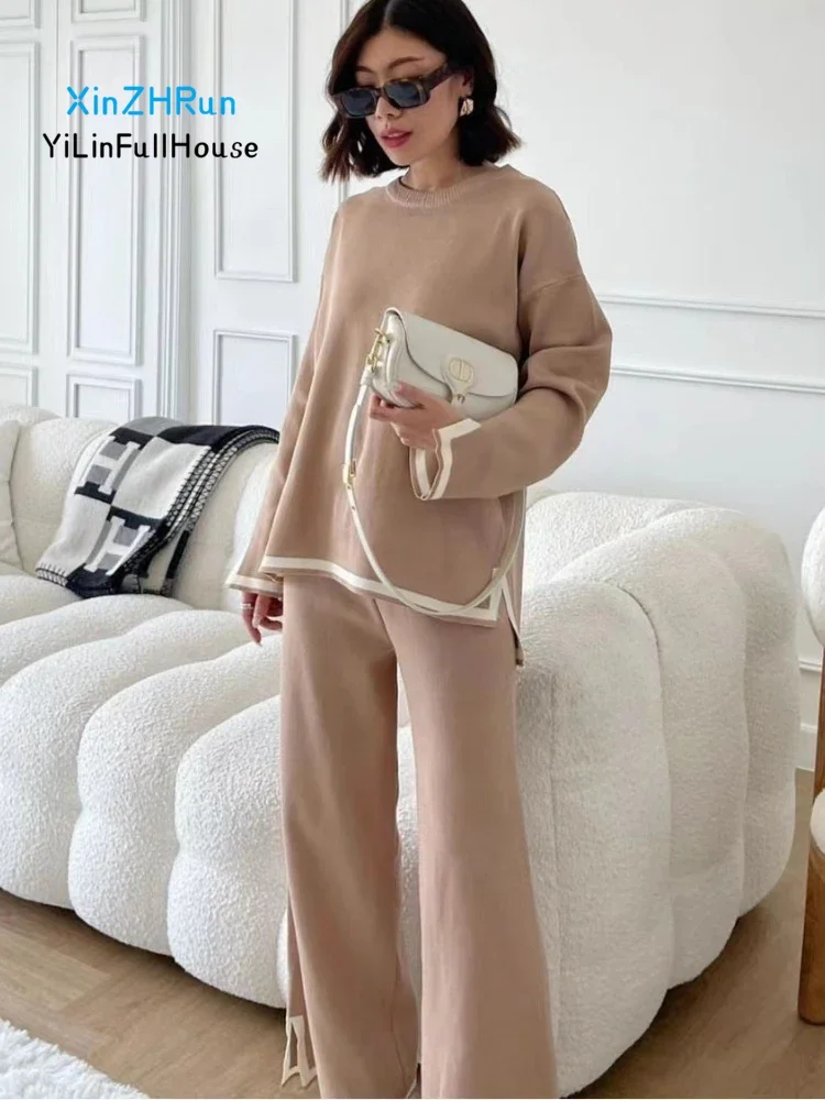 New Women\'s Round Neck Contrasting Color Slit Irregular Long Sleeved Knitted Shirt High Waist Wide Leg Long Pants Two-piece Set