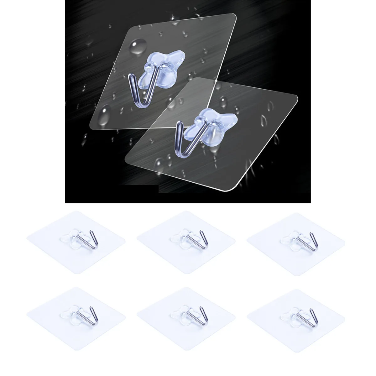 6Pack Transparent Clover Adhesive Hooks Heavy Duty Sticky Wall Hooks Waterproof Reusable Nail Free for Kitchen Bathroom