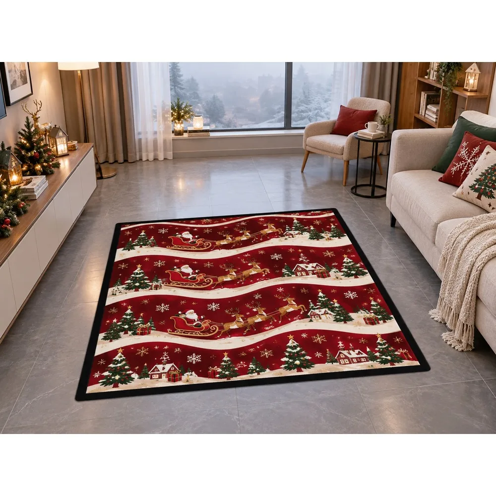 VIKAMA Christmas Wine Cream Sleigh Flannel Door Mat, Memory Foam Anti-Slip Mat, Christmas Decor for Guest Room, Mudroom