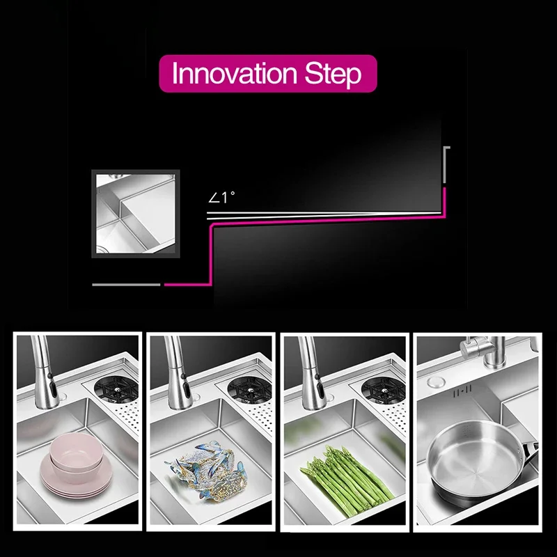 Large Size Kitchen Sink 304 Stainless Steel Cup Rinser Stepped Sink Handmade Brushed Single Kitchen Cup Rinser Stepped Sinks