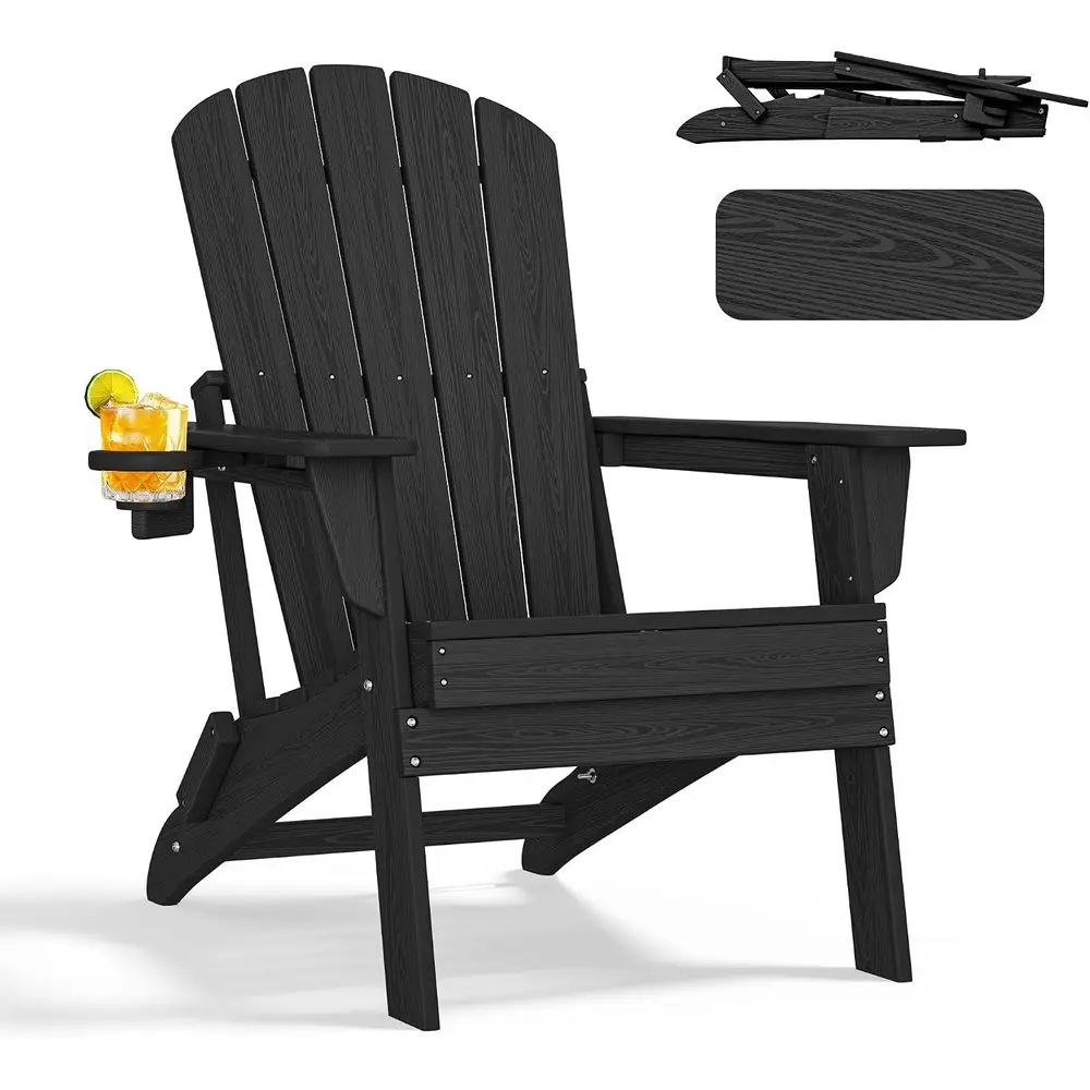 olding Adirondack Chair,HDPE Ergonomic Cup Holder, Black | Patent pinlolding design, 380lbs, Extended backrest.Wood-HDPE, mainte