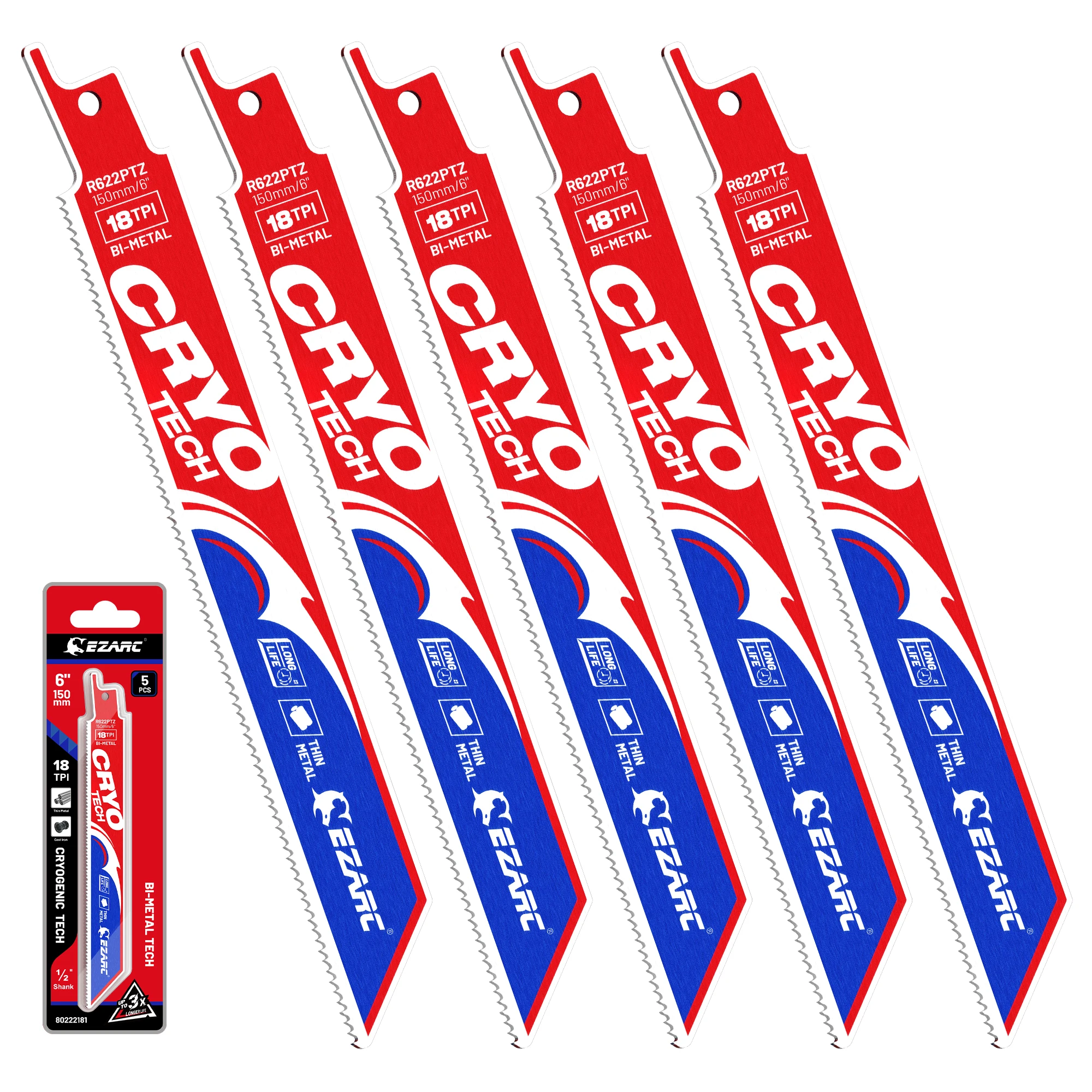 EZARC 5 Peças Lâminas de Serra Sabre Bimetálicas Cryo Tech para Corte de Metal, 18TPI 6''(150mm)/9''(225mm) Ferramenta de Corte