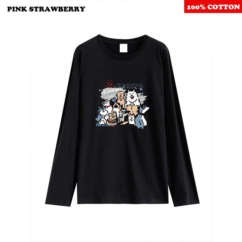 Cute Cartoon Dog Print T-shirt Women Autumn 2025 New 100%Cotton Oversize White Long sleeved Loose T-shirt Y2k Top kawaii clothes