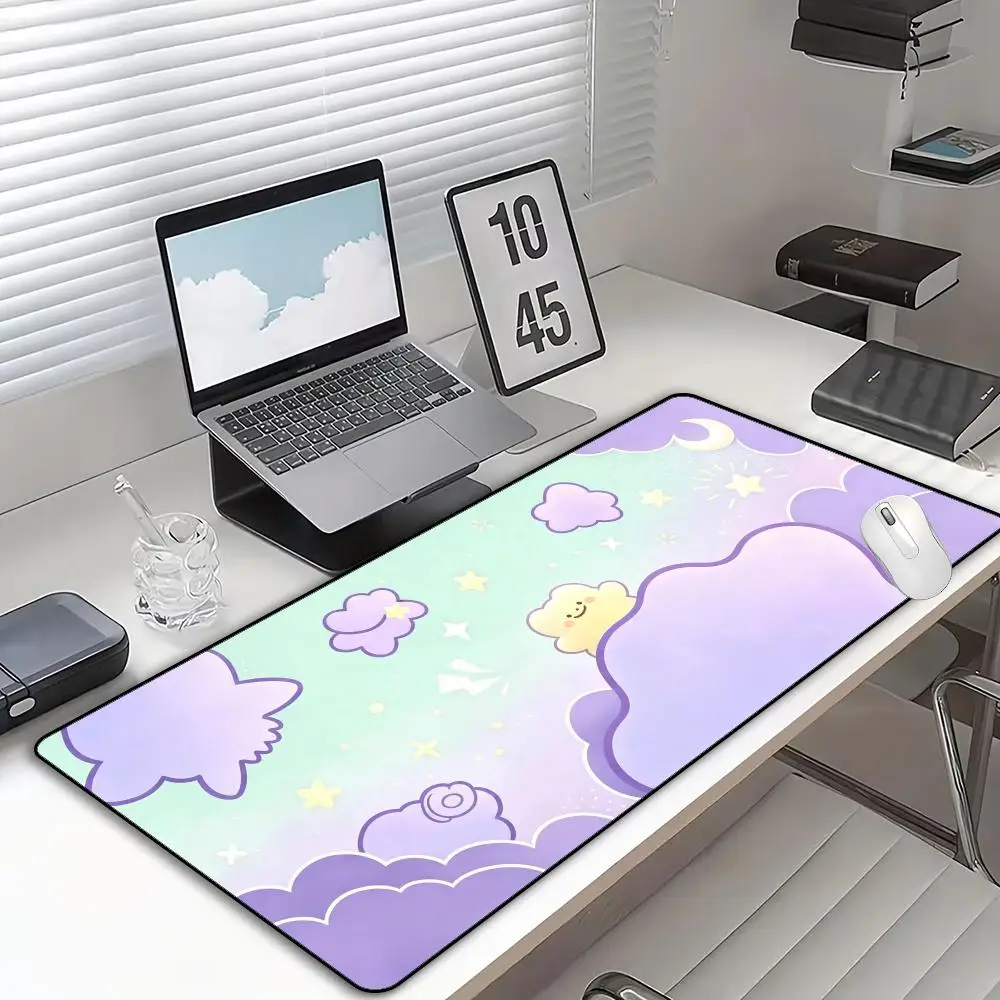 Kawaii Pastel Purple Green Cloud Moon Star Large Gaming Mouse Pad Non-Slip Cute Cartoon Smile Cloud Desk Mat Extended Mousepads