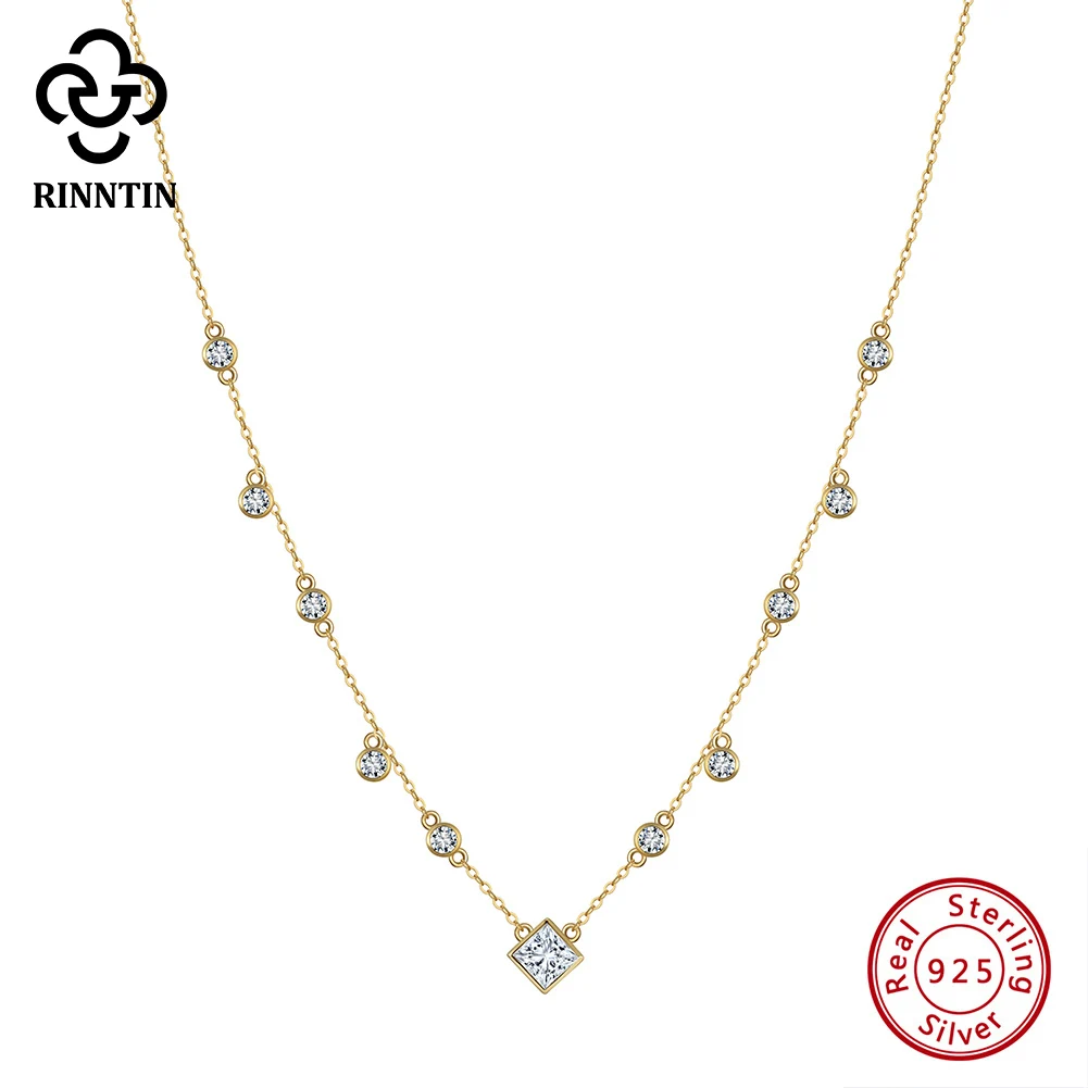 

Rinntin Fashion S925 Silver Sparkling Zircon Necklace for Women Girls Luxury Pendant Collar Chain Wedding Jewelry Gift BQN01