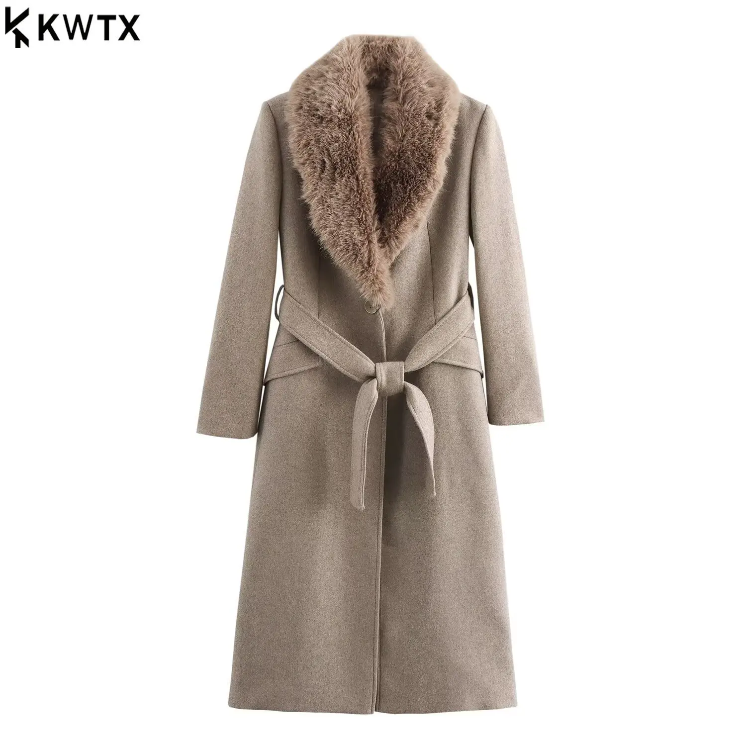 

KWTX 2025 Новое женское твидовое пальто, зимнее длинное пальто с меховым воротником и поясом на талии, элегантная верхняя одежда, теплая повседневная куртка больших размеров, модная