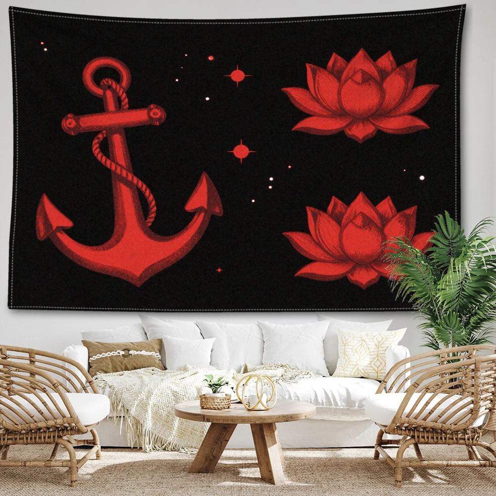 Black Red Anchor Lotus Symmetrical Wall Tapestry, Nautical Boho Decor
