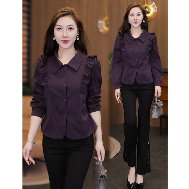 

Faionable ort Svel Women's irt Purple Spring Autumn Turn-down Collar Long Sve Slimming Versatile Casual Sle