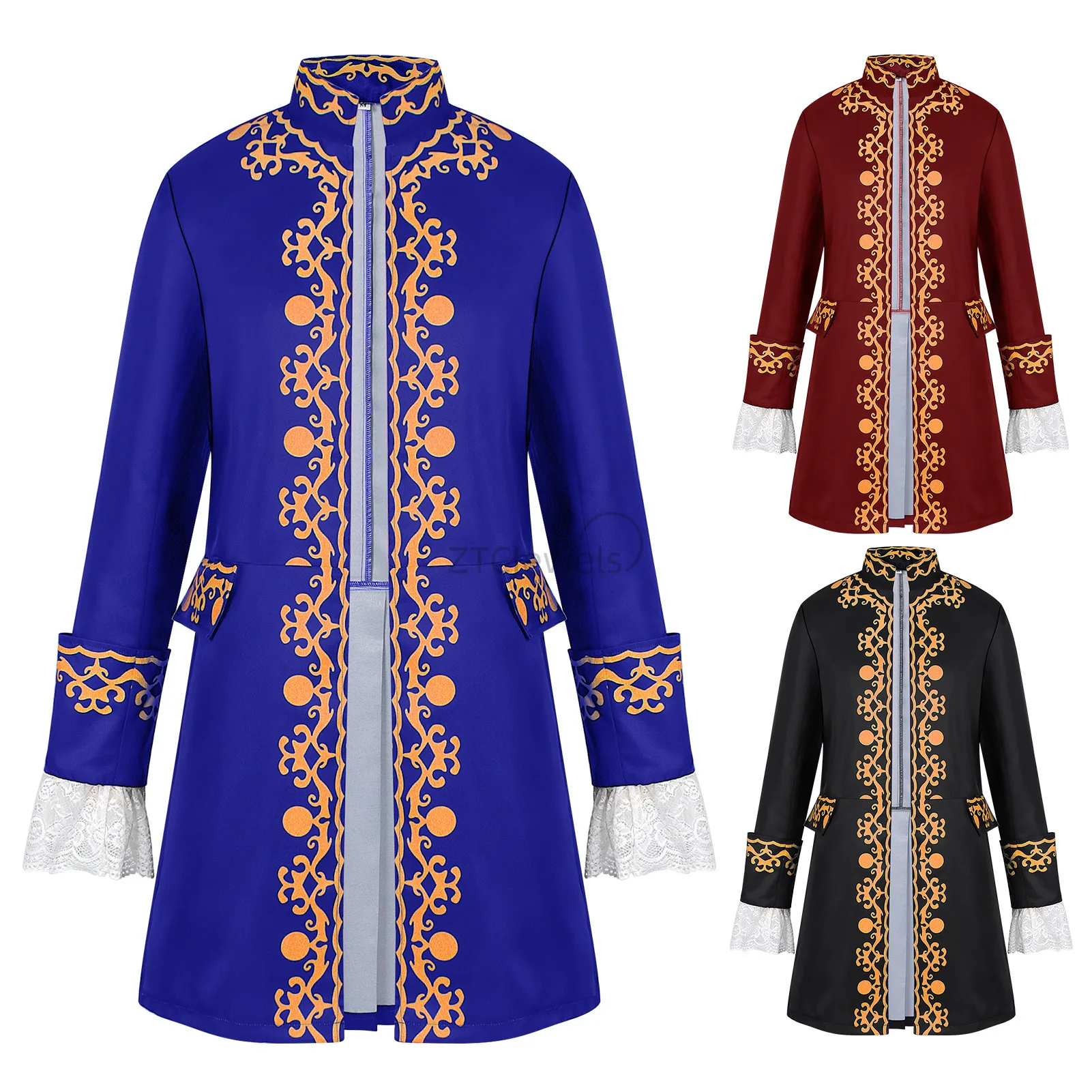 Novo Casaco de Príncipe de Palácio para Cosplay 2026, Fraque Medieval de Regente do Século XVIII, Traje de Palco Masculino com Renda Estampada