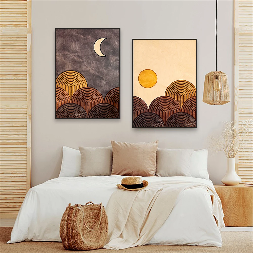 Mid Century Modern Print Abstract Retro Moon and Sun Art Poster Minimalist Yellow Mountain Art Canvas Painting Home Decoration