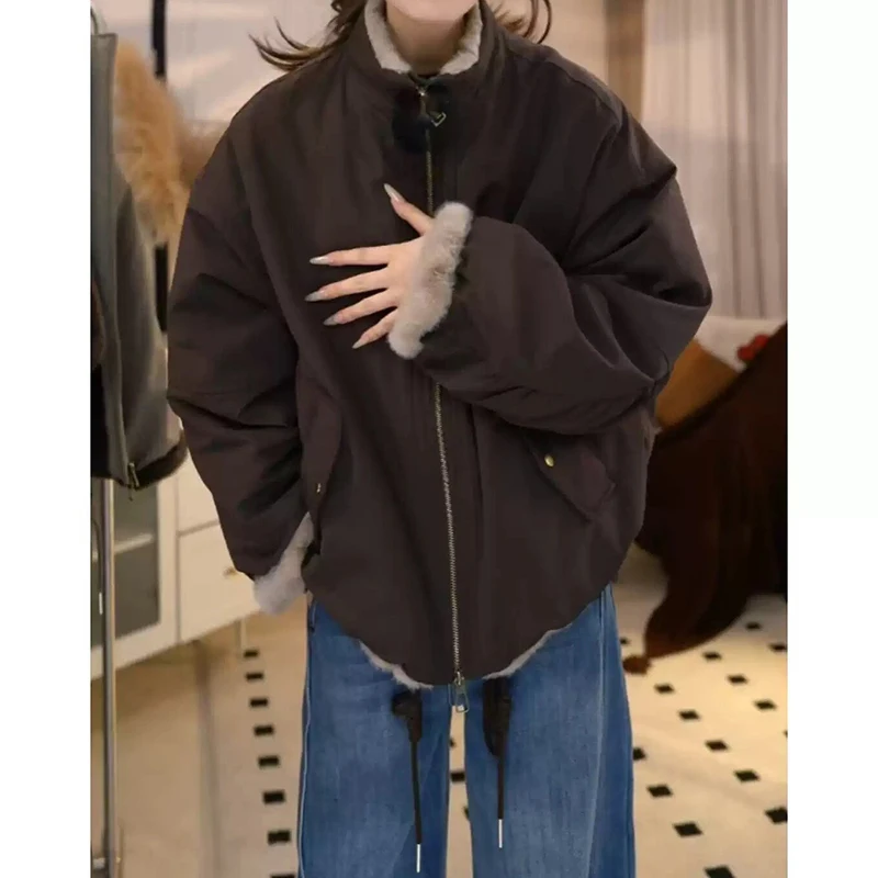 Women's Stand Collar Cargo Parka Jacket Faux Fur Lined Soft Puffy Furry Loose Warm Zipper Coat 2026 Casual Daily Commute Outwear