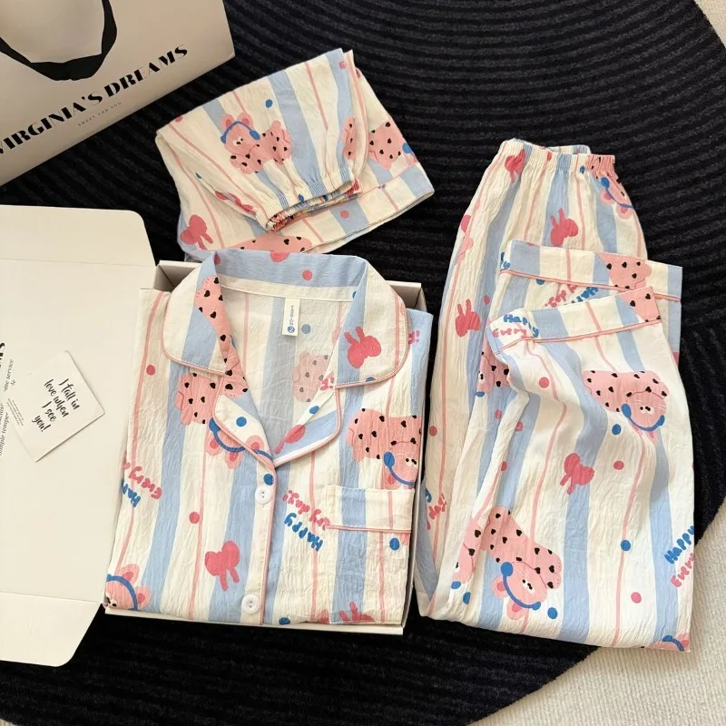 

Summer Cute and Comfortable Cloud Cotton Women's Sleepwear Set Cartoon Cat Short Sleeved Shorts Long Pants Three Piece Set